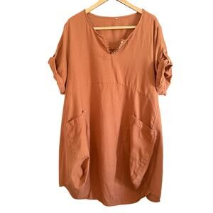 Brown Cotton Linen Blend Lagenlook Oversize Dress with Exaggerated Pockets XL